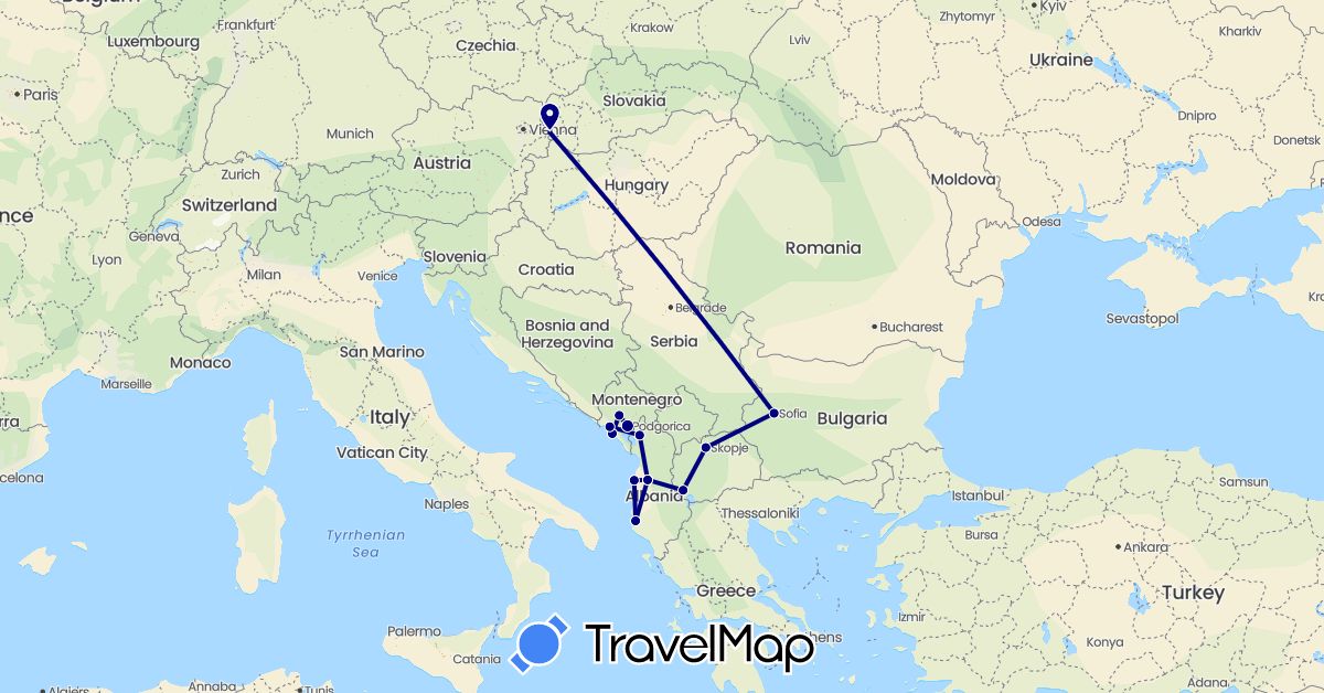 TravelMap itinerary: driving in Albania, Bulgaria, Montenegro, Macedonia, Slovakia (Europe)
